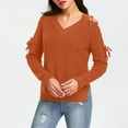 thumbnail image 2 of XPMWRP Women's Solid Color Lace Up Cold Shoulder Sweater Long Sleeve V Neck Side Split Casual Knitted Pullover Jumper Tops Orange S, 2 of 7