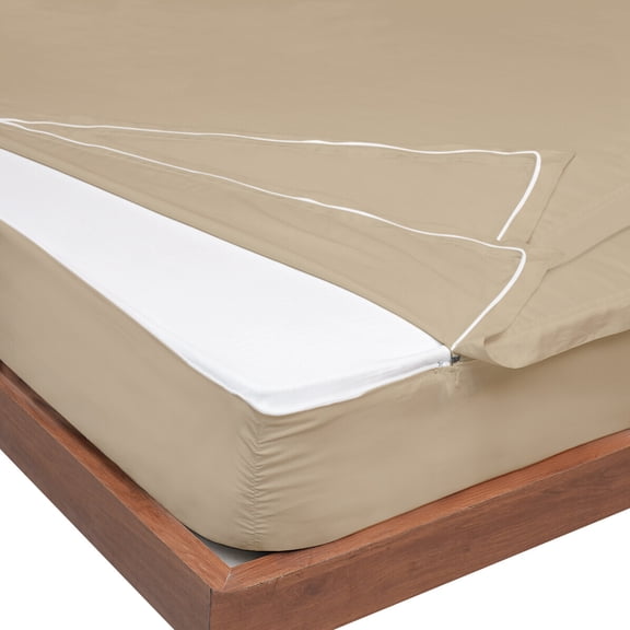 RMS Bedding Ultra-Soft Premium Cotton Zip On sheets with 1 Fitted Base and 2 Top Zip Sheet Fits Mattresses up to 14" Deep Pocket- Beige - Twin Size