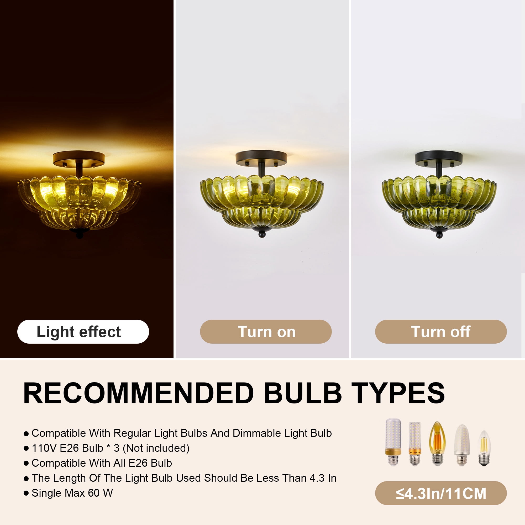 Leumius Semi Flush Mount Ceiling Light, Green Glass Ceiling Light Fixture, 3-Bulb Modern Black Close to Ceiling Light, Vintage Glass Ceiling Lights for Bedroom Kitchen Living Room, Bulb Not Included