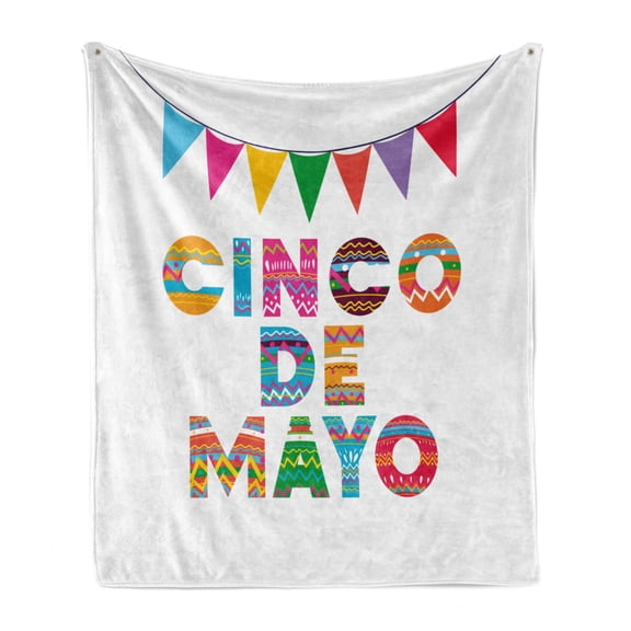 Cinco de Mayo Soft Flannel Fleece Throw Blanket, Hispanic Vivid Ornamental Letters and Colorful Flags on Plain Background, Cozy Plush for Indoor and Outdoor Use, 50" x 60", Multicolor, by Ambesonne