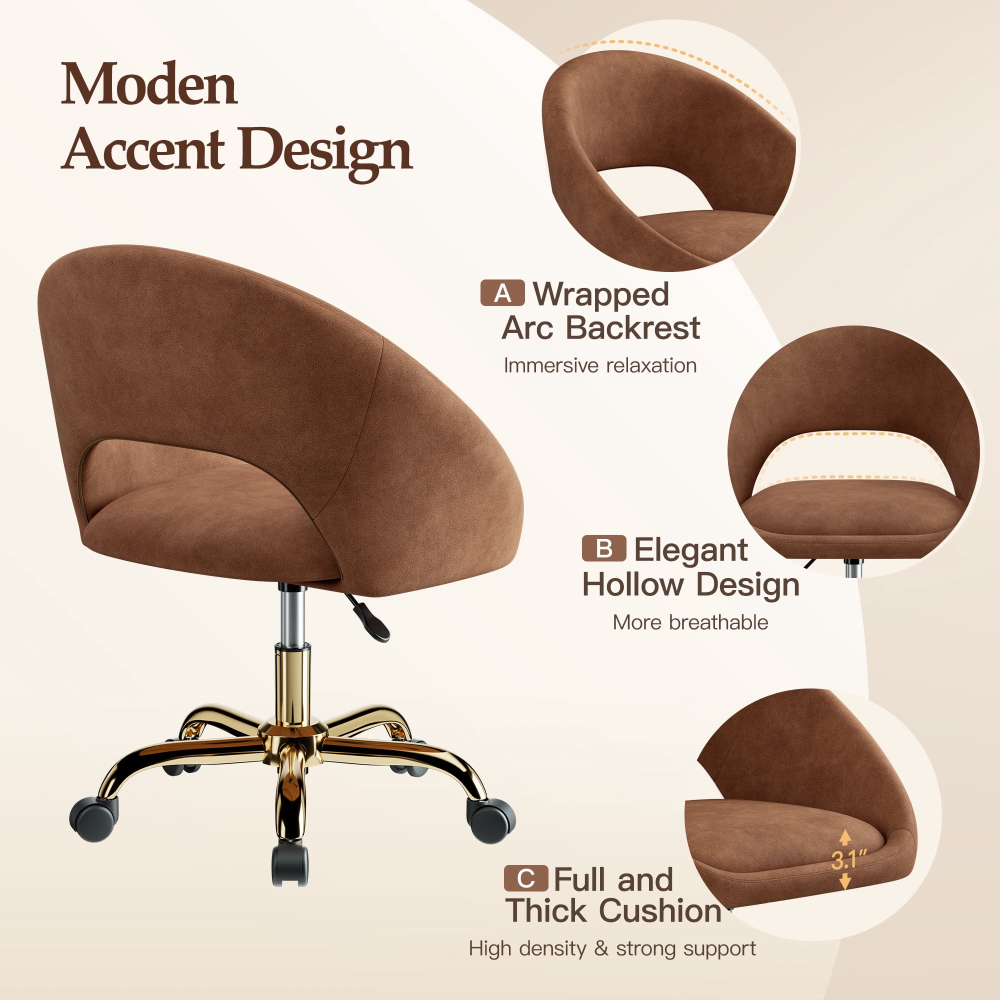 COOLHUT Home Office Desk Chairs, Adjustable Swivel Vanity Chair, Modern Makeup Vanity Chairs, Rolling Vanity Chair with Golden Base for Bedroom, Living Room, Computer Room, Brown