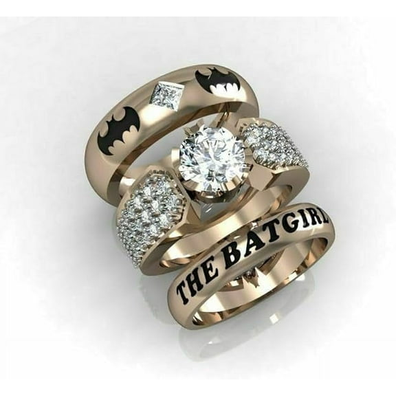 beryl_creation 14K Rose Gold Finish 925 Sterling Silver 2Ctw Round Cut Diamond Batman Engagement Trio Ring Set-9