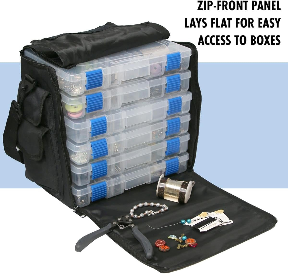 The Beadsmith Keeper Traveler - 13" x 7.5" x 11.5" - Includes 6 Organizer Boxes, - Zip Front Tote Bag with Carrying Handle & Removable Adjustable Strap - Portable Storage System for Beads & Supplies