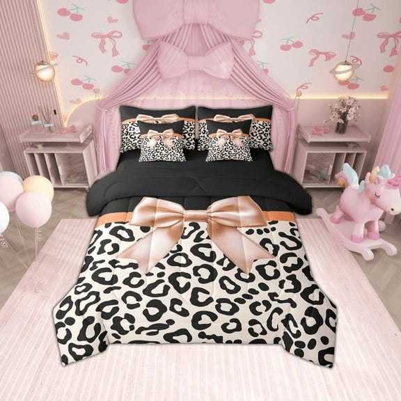 Erosebridal Bowknot Bedding Sets Full Size, Beige Leopard Print Bed Set, Reversible 7pcs