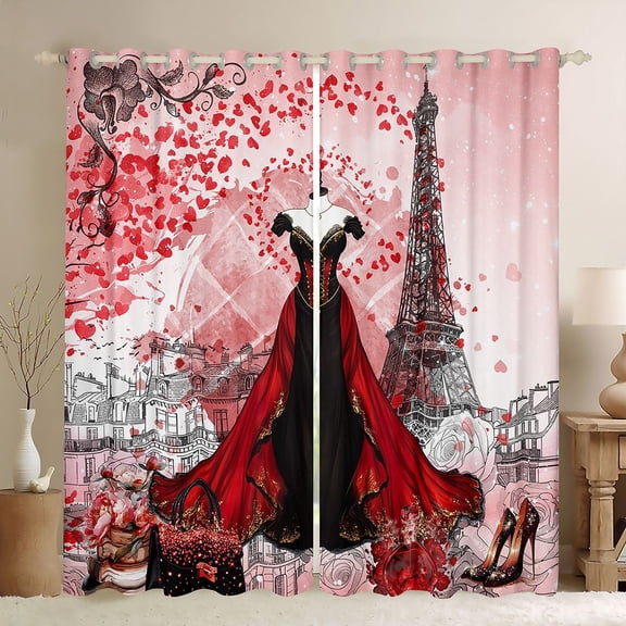 Homewish Black Red Dress Black Out Curtains, Romantic Eiffel Tower Curtains Pack of 2 (42x63 Each), Watercolor Fashion Bedroom Curtains, Blackout Curtains Room Decor