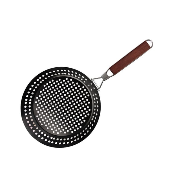 Grill Pan with Wooden Handle Hollow Grill Basket Tray Non-Stick Barbecue Basket