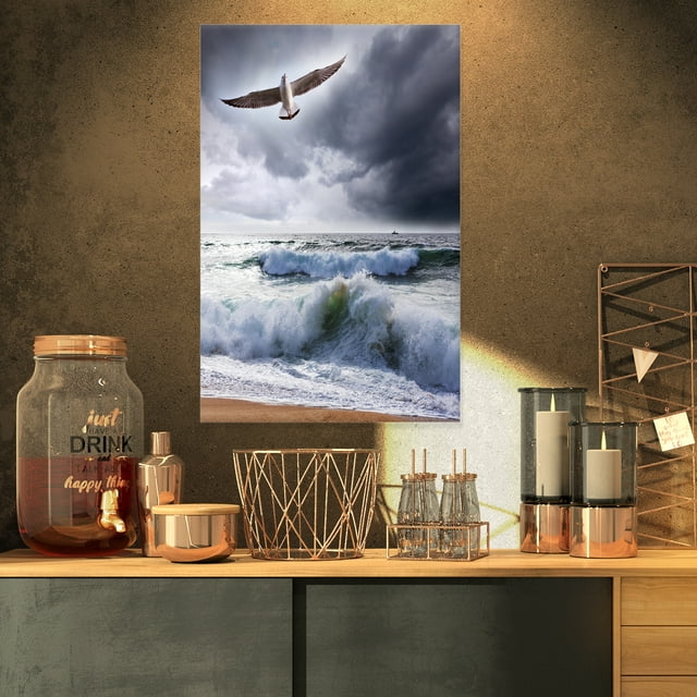 Large Seagull over Stormy Waves - Modern Beach Canvas Art Print