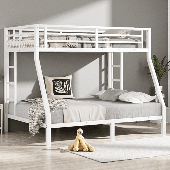 Twin over Full Bunk Bed, Metal Bunk Bed for Teens Adults, Space Saving Noise Free Heavy Duty Frame, No Box Spring Needed, with Safety Guardrails, Under Bed Storage, White