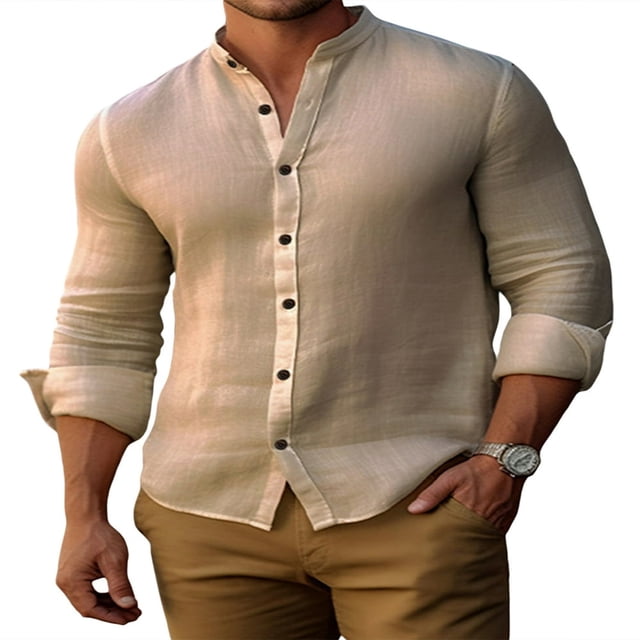 PENGXIANG Classic Buttoned Henley Shirt for Men with Retro Cotton Linen Fabric