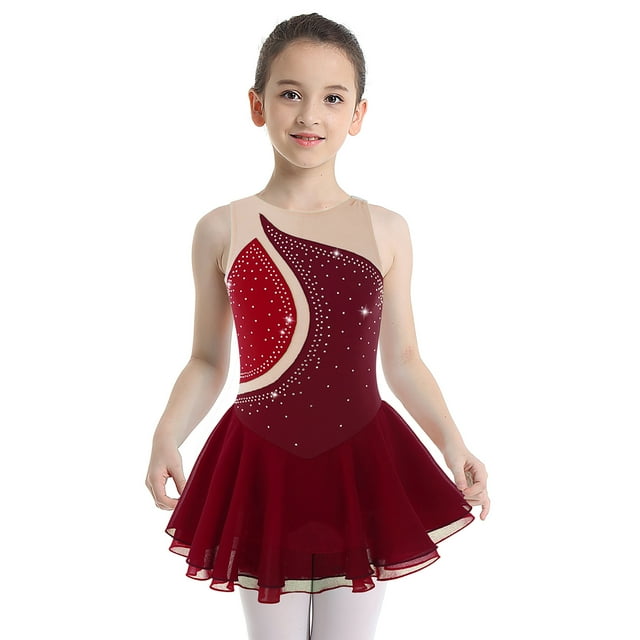 Yeahdor Robe de Danse Moderne Sans Manches pour Filles, Robe de Patinage Artistique, 6-16 Ans Rouge 14