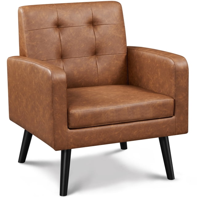 Yaheetech Fauteuil d'Appoint Capitonné en Similicuir de Style Mi-Siècle Moderne, Brun Rétro
