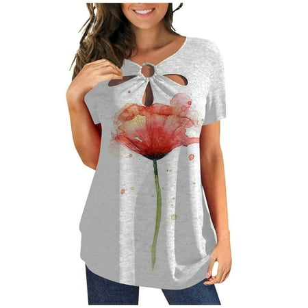 

White Blouse for Women Women s Fashion Printed Casual Plus Size Scenic Flowers Printing Crewneck T-Shirt Tops Loose Round-Neck Short Sleeve White L