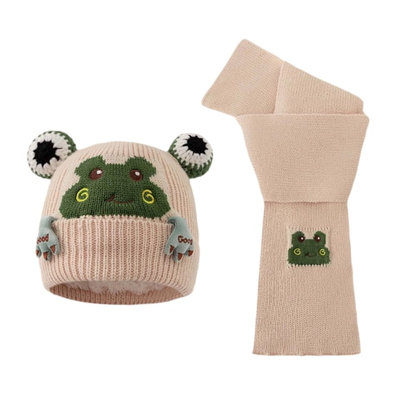 Unisex Winter Knitted Hat And Scarf Set For Kids Cartoon Frog Embroidery Soft Yarn Baby Hat And Neck Warmer Comfortable Warm For Cold Weather Beige