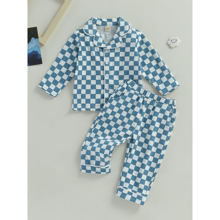 Citgeett Autumn Kids Toddler Boys Girls Spring Pajamas Plaid Print Long Sleeve Lapel Button Closure