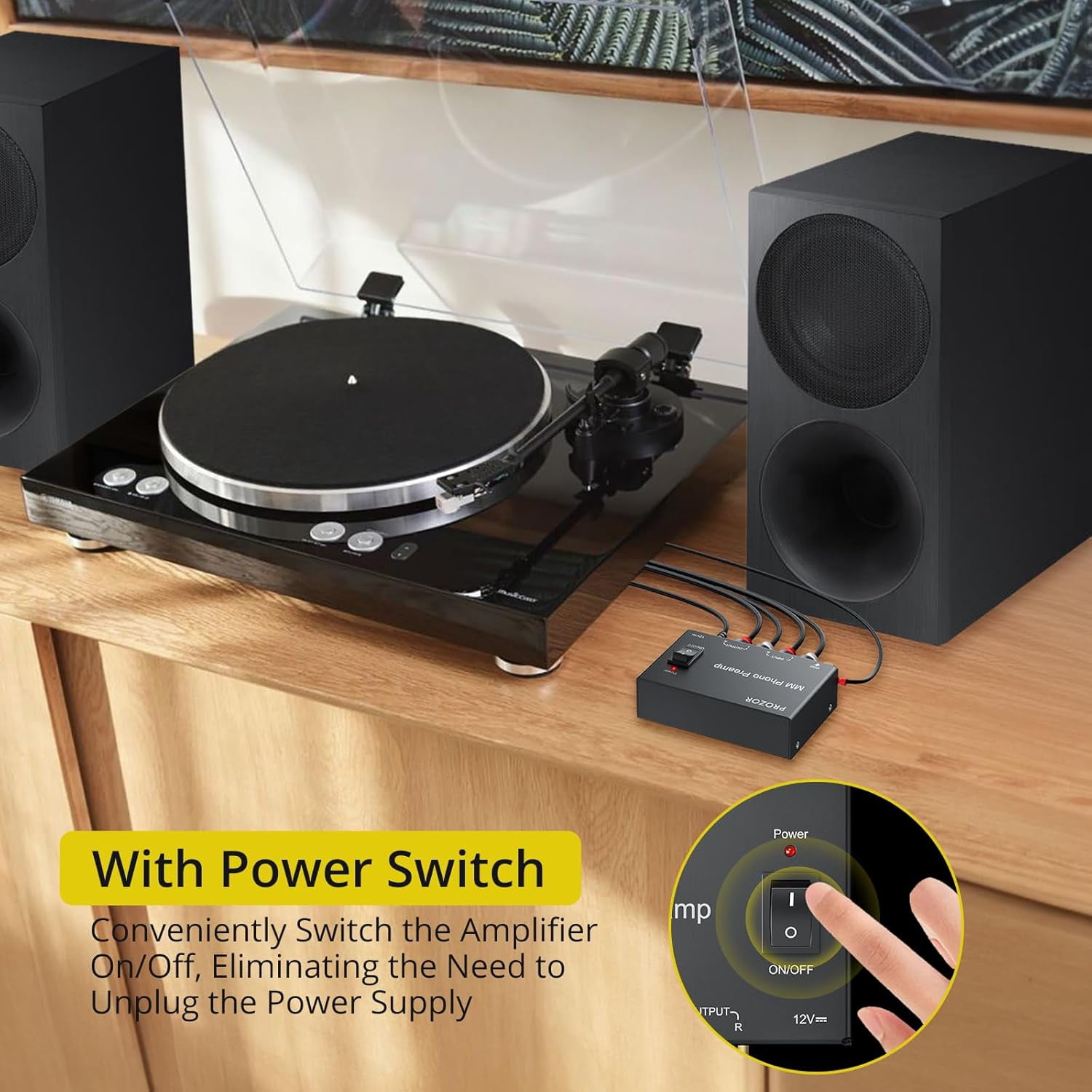 PROZOR MM Phono Turntable preamp - Mini Stereo Audio Low Noise Phono preamplifier with Power Switch, RCA Input, RCA Output, DC 12V Amp Certified Power Adapter Gold-Plated Connectors, Black