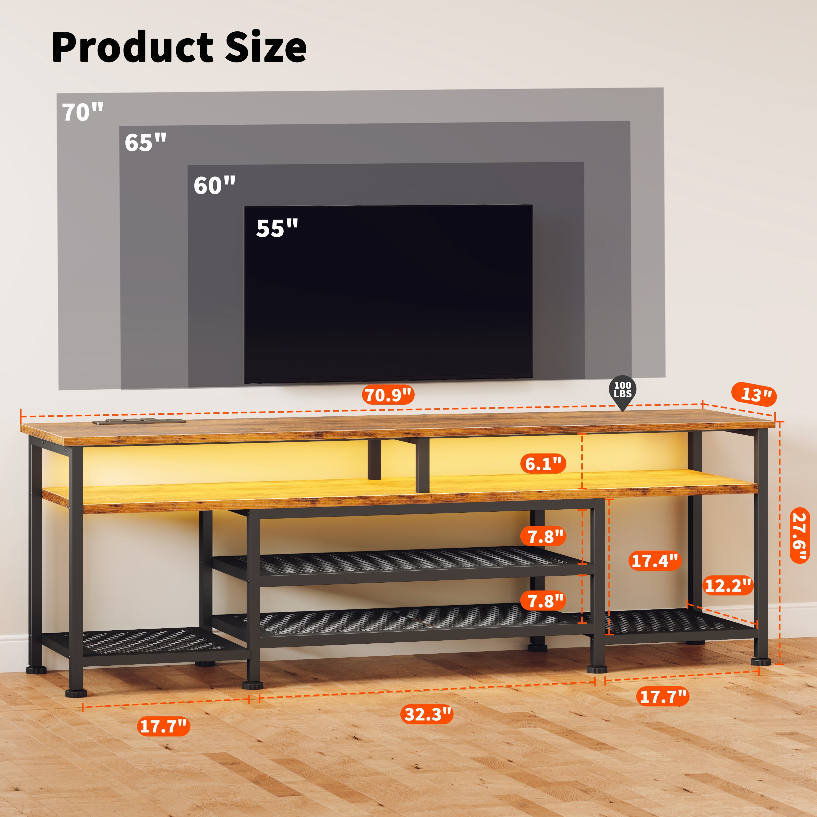 Tydimor Modern TV Stand for 75-80 inch TV, Media Console with Storage for Living Room, LED Entertainment Center with Outlets, Rustic Brown