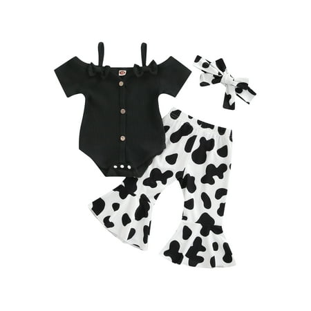 

Suanret 3Pcs Infants Baby Girls Romper Outfit Newborn Sweet Style Bow Short Sleeve Suspender Jumpsuit Irregular Spot Bell-bottomed Pants Headwear Black 6-12 Months