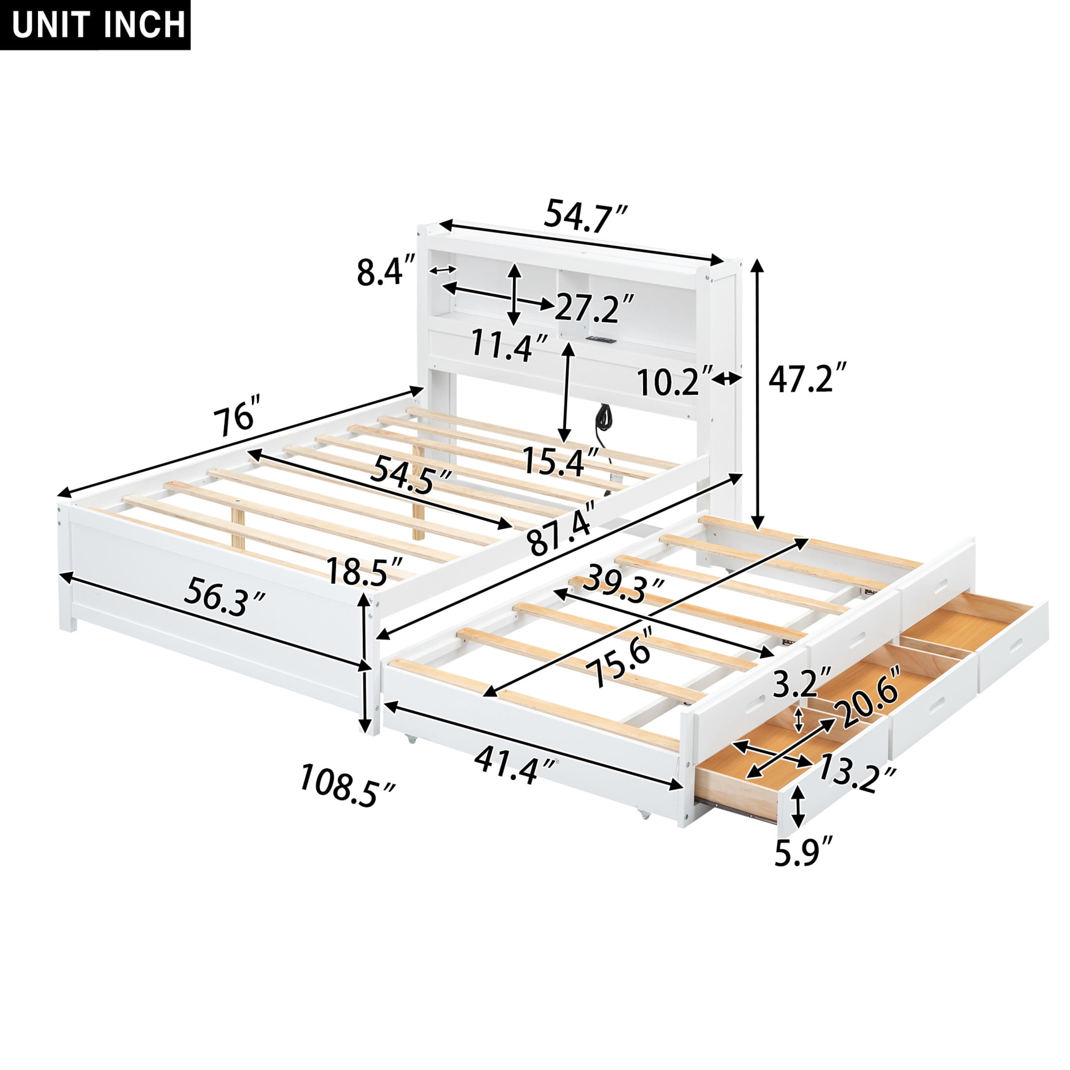 Noble House Lornic Full Size Platform Bed with Trundle and Drawers, Charging Station and Storage Shelves, White