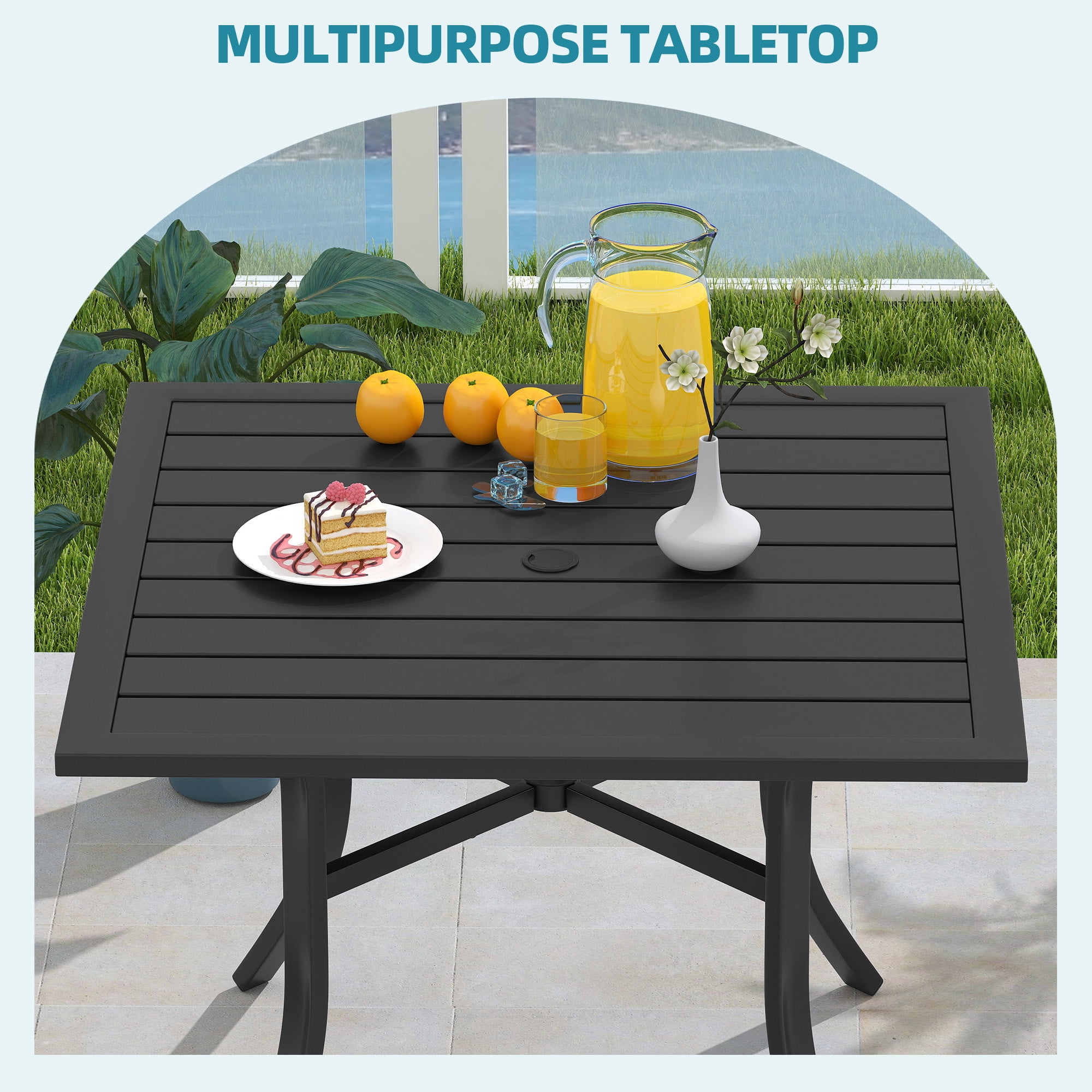 Uforic Square Metal Outdoor Dining Table 37 Inch, E-Coating Patio Table with Umbrella Hole for Backyard, Garden and Lawn, Black