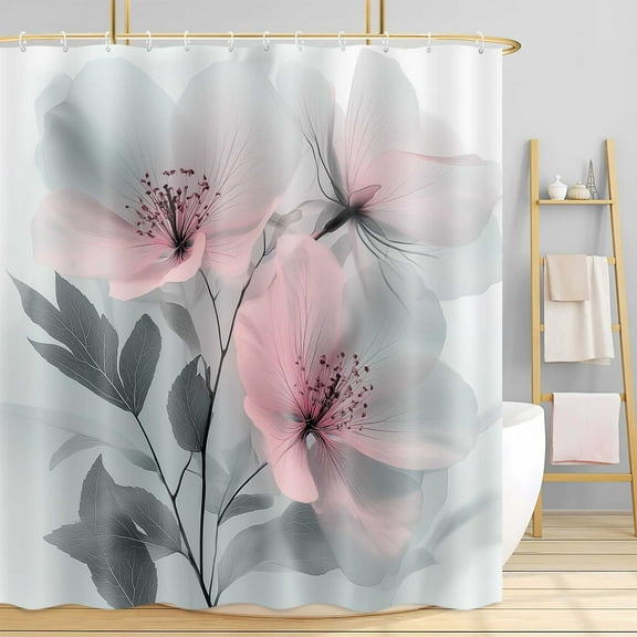 Floral Shower Curtain, Cute Pink and Grey Abstract Art Daisy Flower Farmhouse Bathroom Decor Shower Curtain Set, Fabric Shower Curtain for Bathroom with 12PCS Hooks, 72X72in