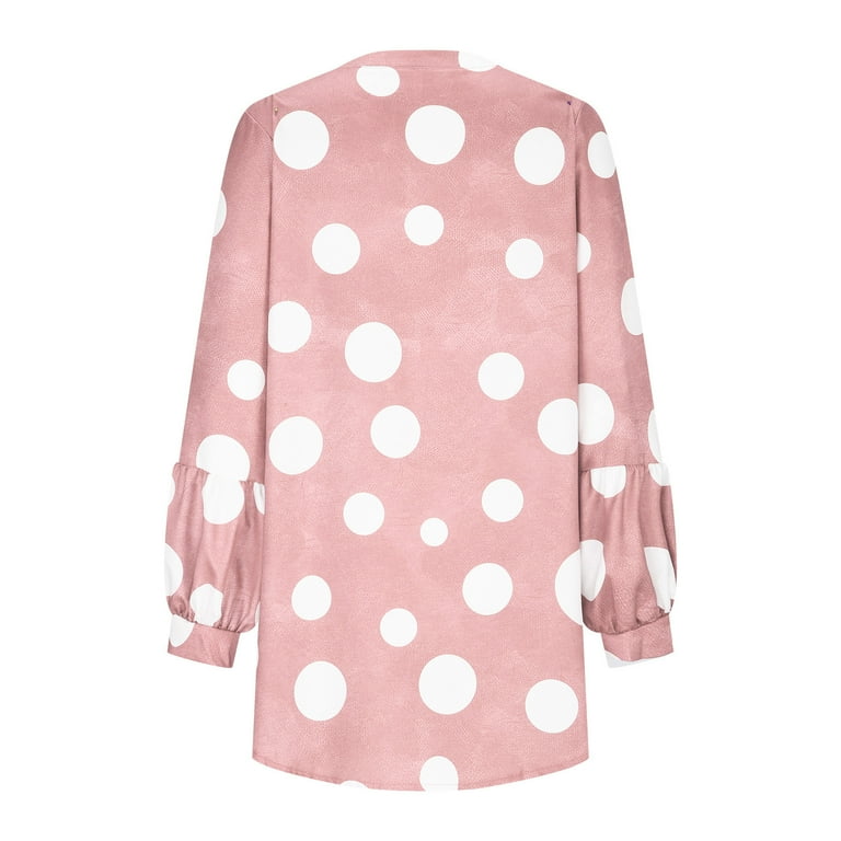 Hfyihgf Plus Size Tops for Women Polka Dot Printed Tunic Blouse Cotton Linen Loose Leisure Roll up Long Sleeve V Neck Tees Shirts Pullover Pink 5XL