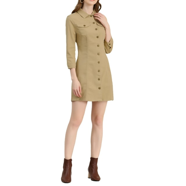Allegra K Robe-Chemise Ajustée en Denim pour Femmes à Manches 3/4 Boutonnée L Kaki Pâle