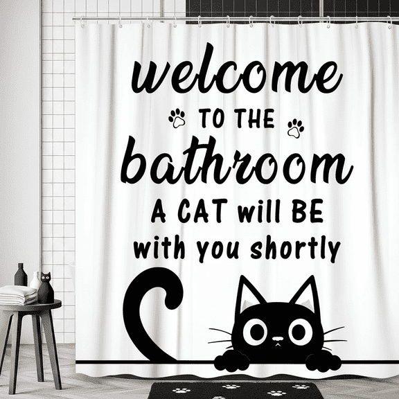 Funny Cat Shower Curtain, Cute Black Cat Bathroom Decor, Kitten Themed Shower Curtain for Cat Lovers,12pcs Hooks,69X70 in