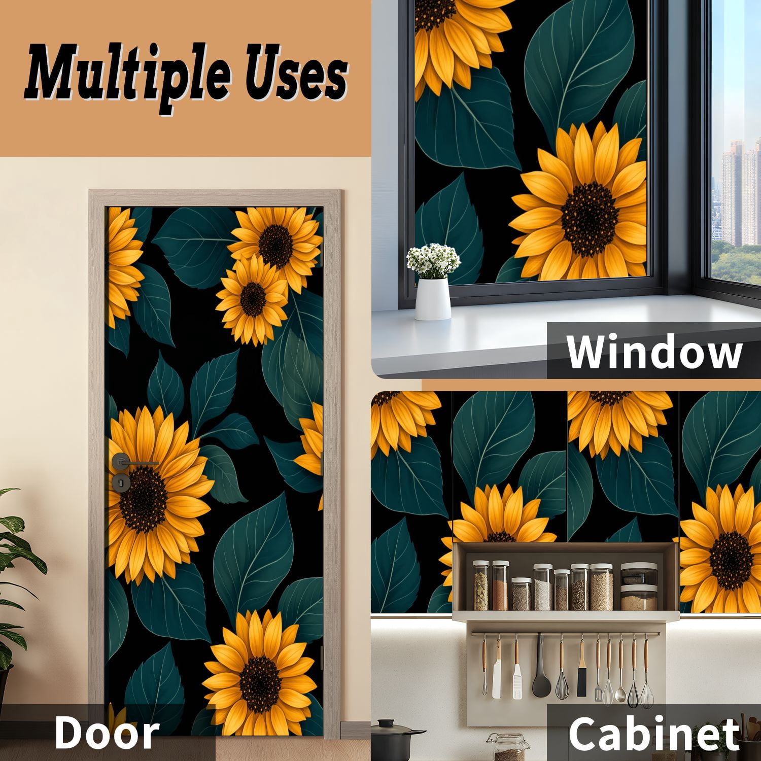 Self Adhesive Vinyl Refrigerator Wrap Set Vibrant Sunflowers Bold Yellow Petals Dark Green Leaves Door Mural Removable Fridge Sticker Peel and Stick&nbsp;Full Door Cover Decal Kitchen Bar Decor