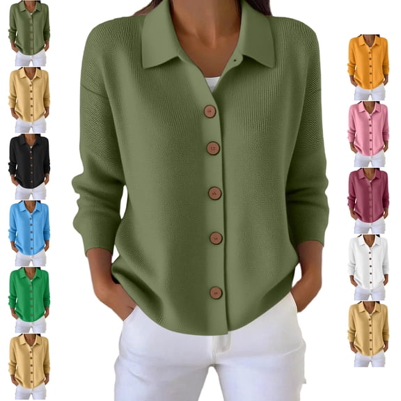 TGSLY Fall Sweater Coat for Women Soft Collared Button Down Knit Cardigans Relaxed Fit Dressy Casual Solid Color Long Sleeve Sweater Jacket L
