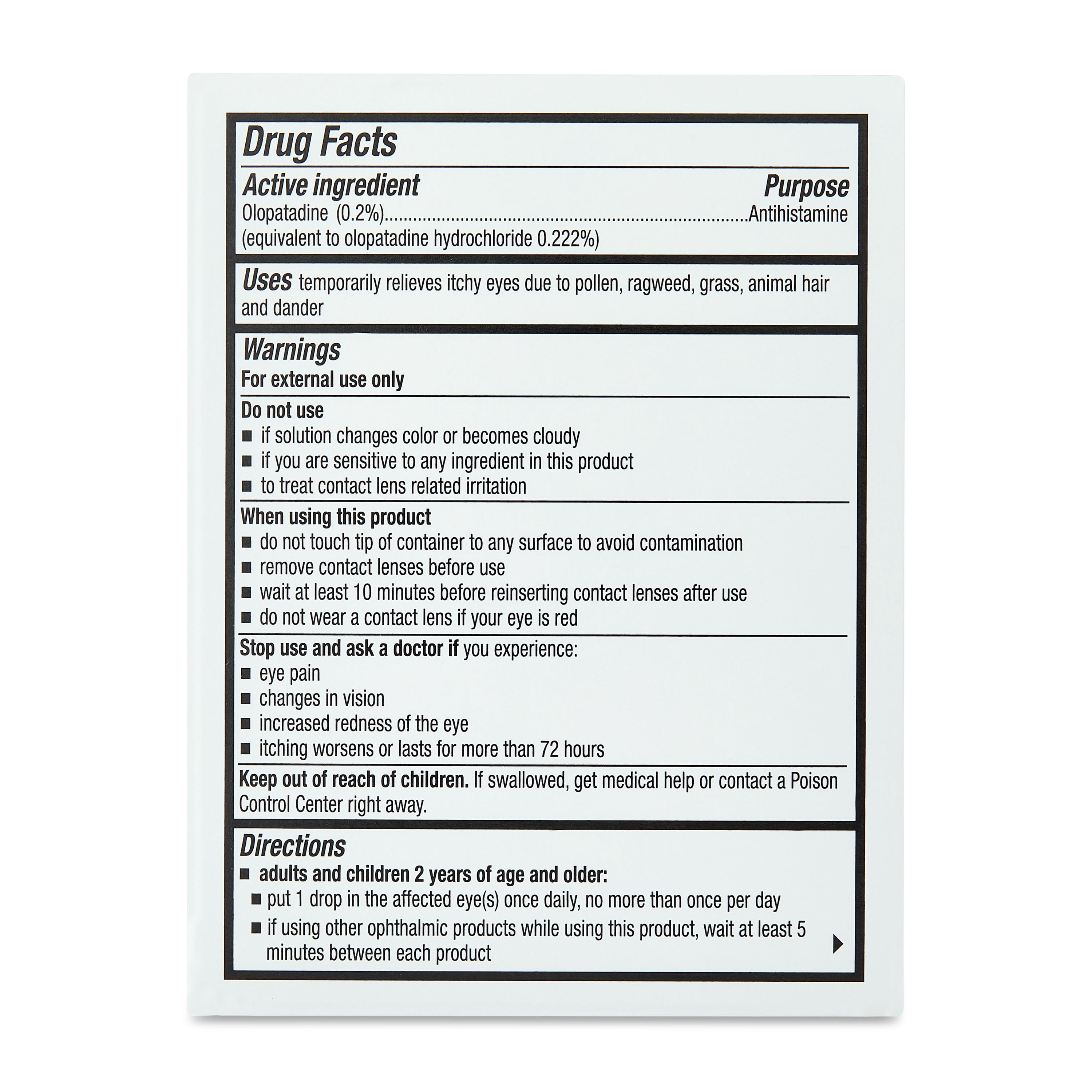Equate Eye Itch Relief Antihistamine Eye Drops, Olopatadine HCL 0.2%, 3.5mL, 2 Count, Compare to Pataday Once Daily Relief Active Ingredient