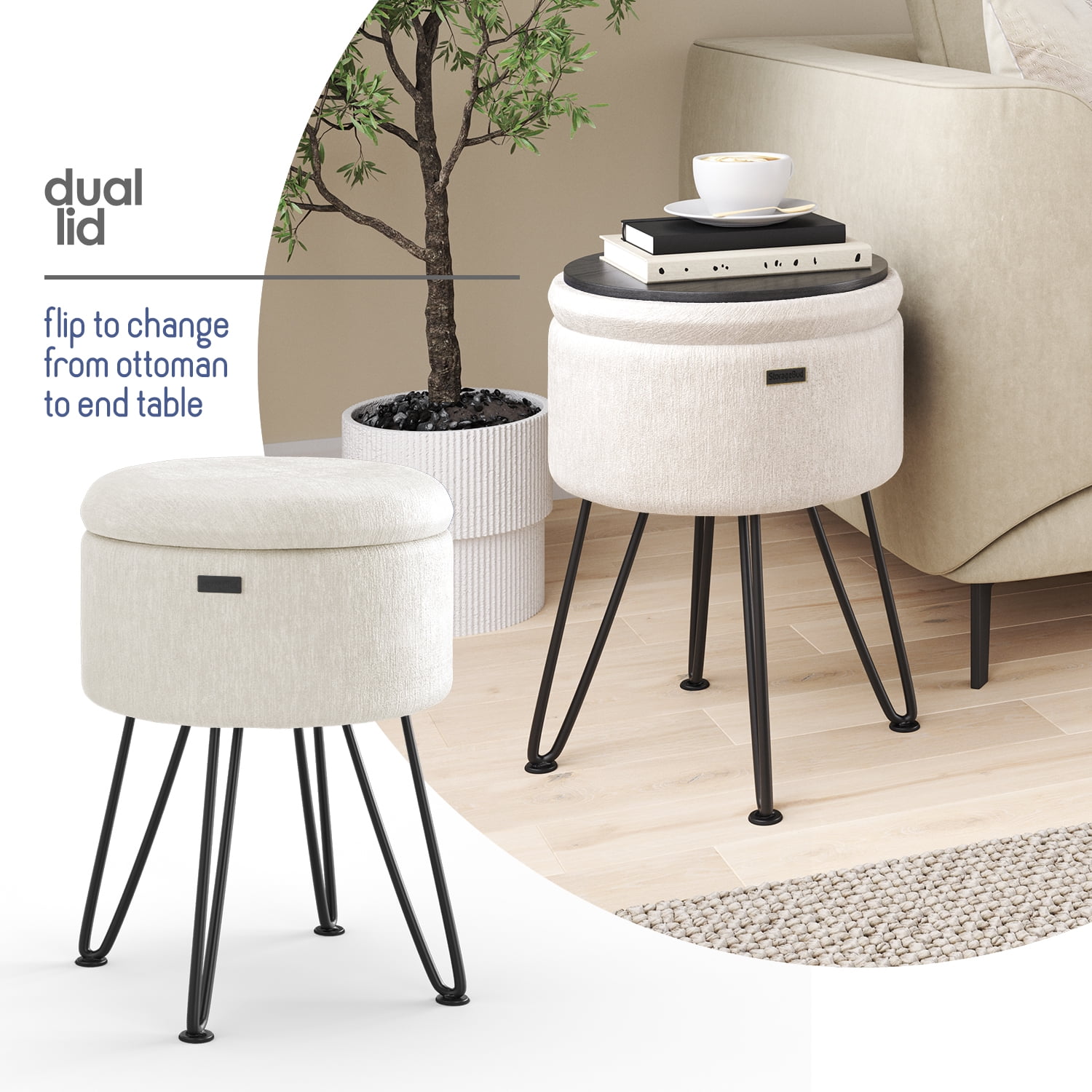 LammaLoe Small Round Ottoman with Storage, Textured Velvet Ottoman Foot Stool with Lid, Upholstered Vanity Stool for Living Room & Bedroom, Cream