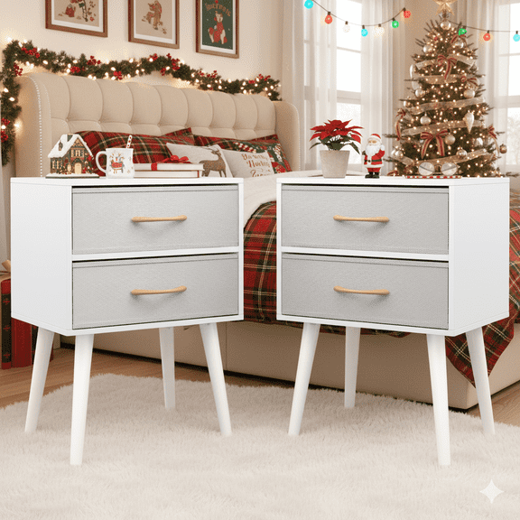 HSUNNS Nightstand Set of 2, Modern Bedside Tables with Fabric Drawers, Large Storage Night Stands with Metal Legs, Easy Assembly, White