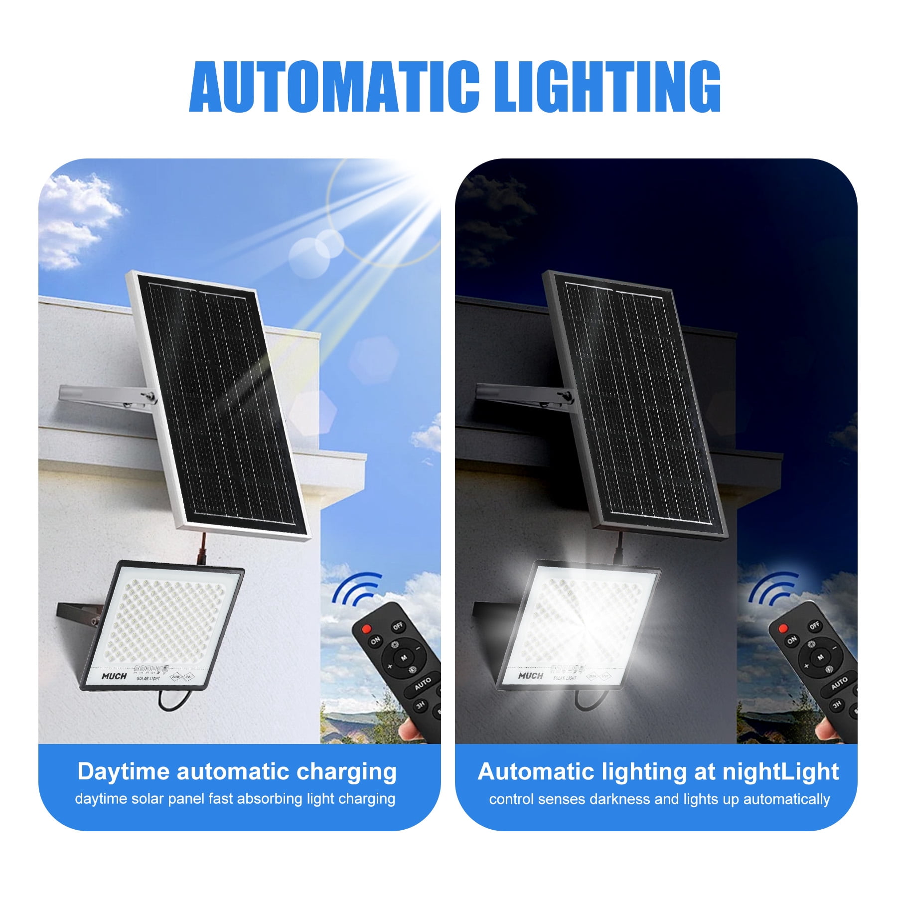 MUCH 300W LED Solar Flood Lights, 65000Lm 644 LED Outdoor Spot Lamp,IP67 Dusk to Dawn with Remote Control Security Lighting for Yard, Garden,Swimming Pool, Pathway, Basketball Court