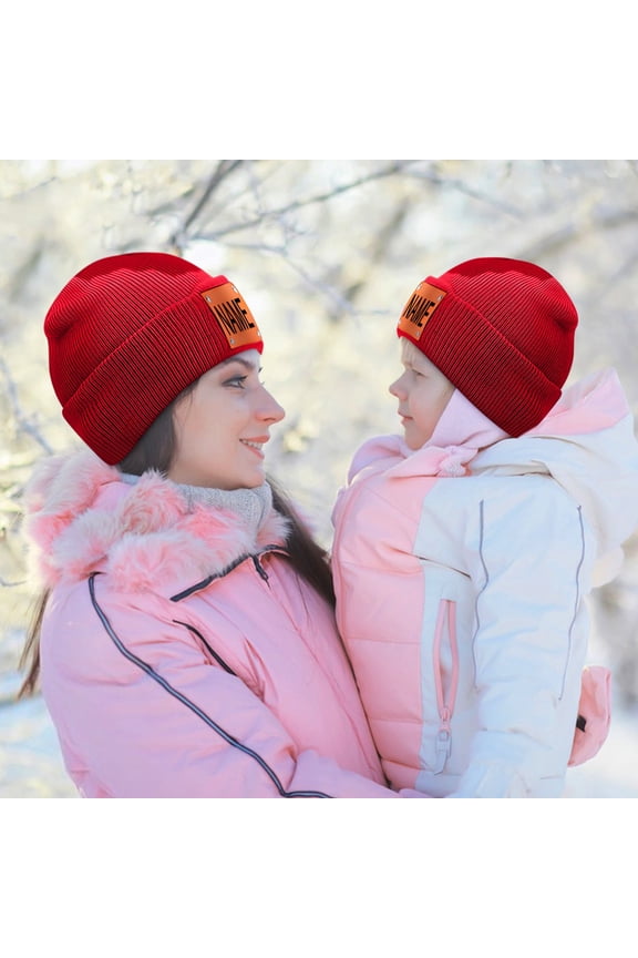 Parent-Child Customizable Knitted Beanie - Knitting Cotton Material Solid Color Warm Hat, Name/Pattern Embroidery, Multiple Sizes for Adults & Kids