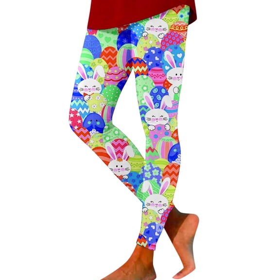 XIAONU Bunny Print Leggings For Women Slim Stretchy High Waisted Full Length Soft Legging Stretchy Festive Holiday Leggings