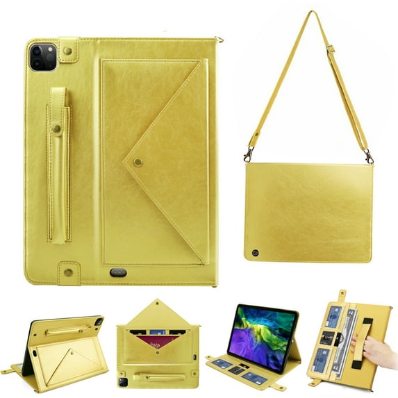 iPad Pro 4th Generation Case, iPad Pro 12.9 2020 Cover w/ Pen Holder, Dteck Premium PU Leather Folio Stand Handle/Shoulder Strap Handbag Case Protective Cover for iPad A2229/A2069/A2032/A2233, Gold
