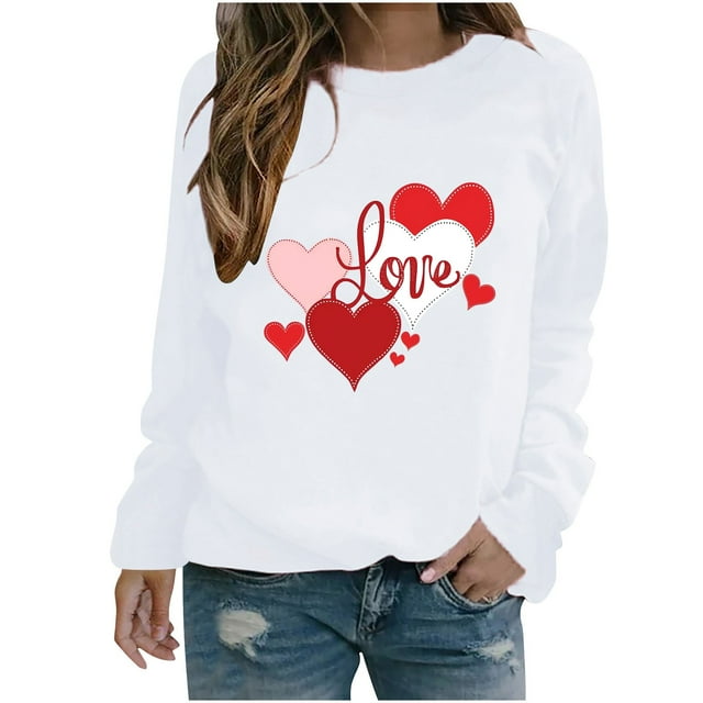 Amzcrzy Valentines Chandails de la Saint-Valentin pour Femmes Mode T-Shirt Graphique Cœur d'Amour Hauts Décontractés Confortables Col Rond Hauts de Printemps Été Classiques Polyvalents Manches Longues T-Shirts