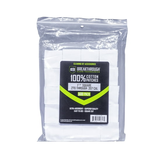 Breakthrough Clean Technologies® Cotton Patches, 1.75" Square, .270 Thru .357 Caliber, 500-Pack