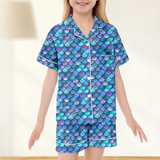 Toddler Girls Gradient Scale Print Two Piece Pajama Set Summer Short Sleeve Sleepwear