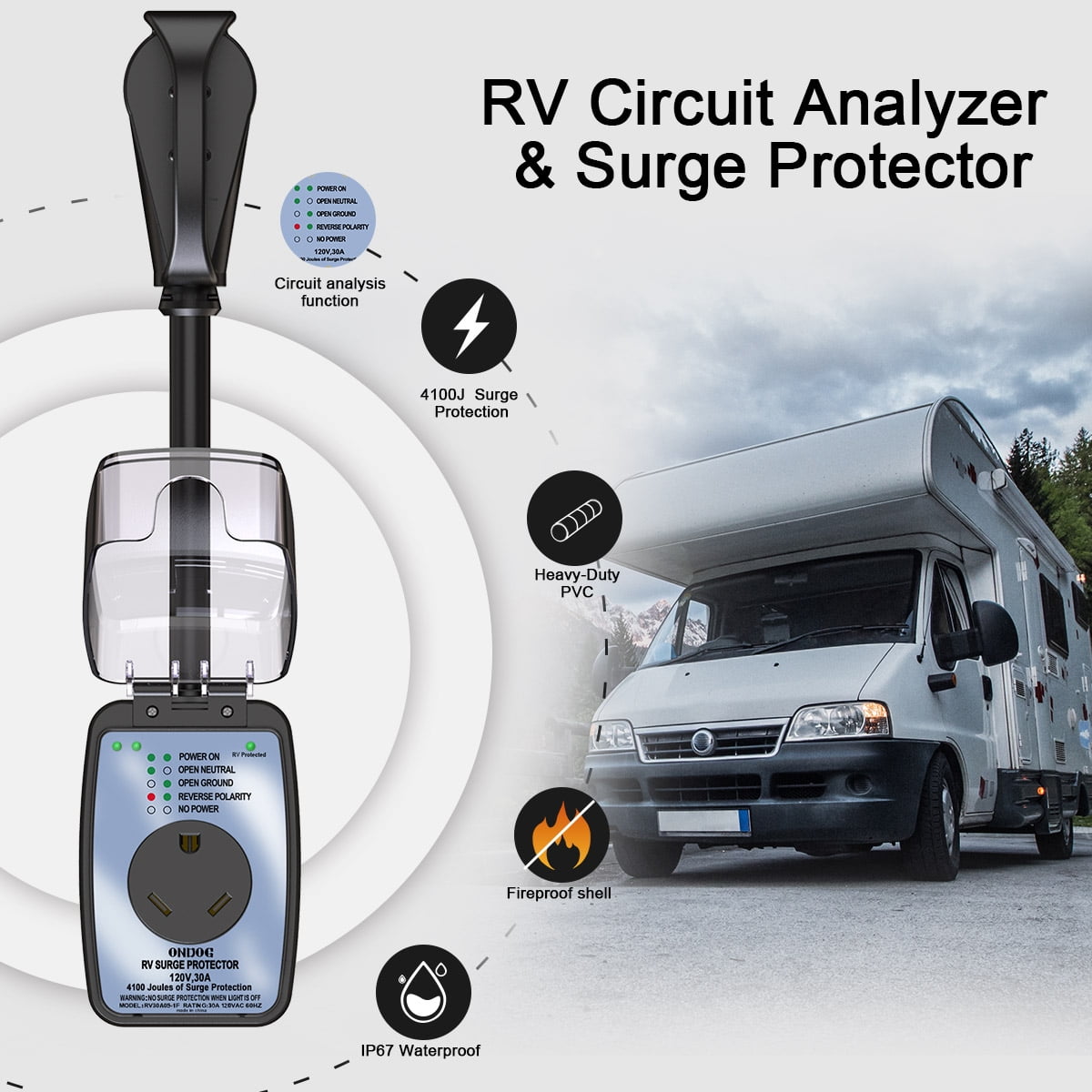 ONDOG 30Amp Surge Protector  for rv with Waterproof Cover and Circuit Analyzer 125V.