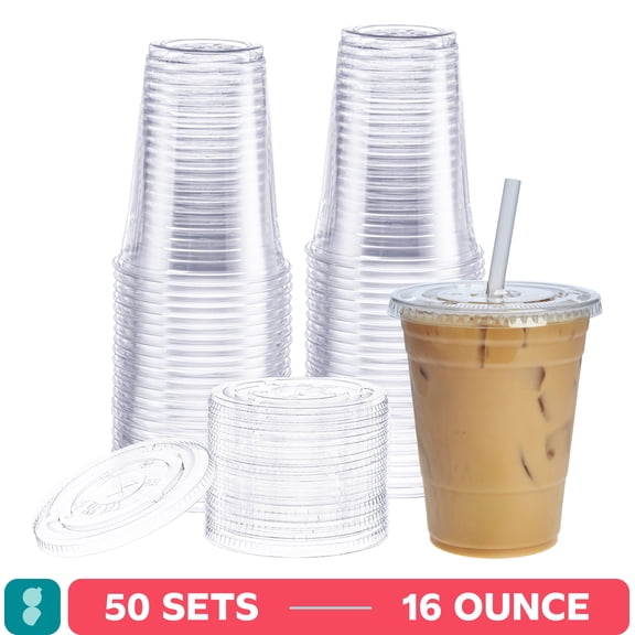 GUSTO Clear Plastic Cups 16 Oz Disposable Coffee Cups with Lids, 50-Pack
