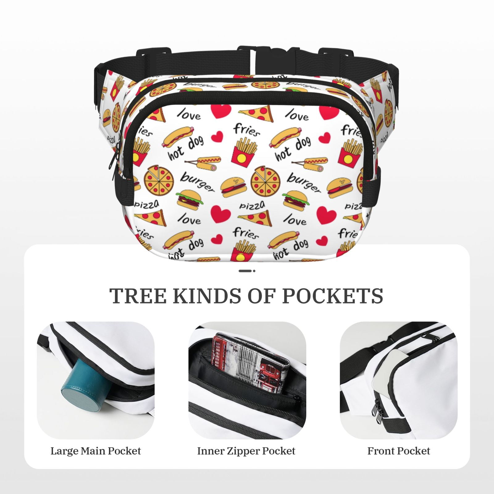 Picia Fast Food Print Square Double-Layer Waist Bag Mini Adjustable Waist Belt Bag Exercise Running Travel Hiking