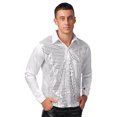 thumbnail image 2 of Doomiva Men's Shiny Sequins Design Silk Like Satin Button Up Disco Party Dress Shirts Dance Costume White 170, 2 of 7