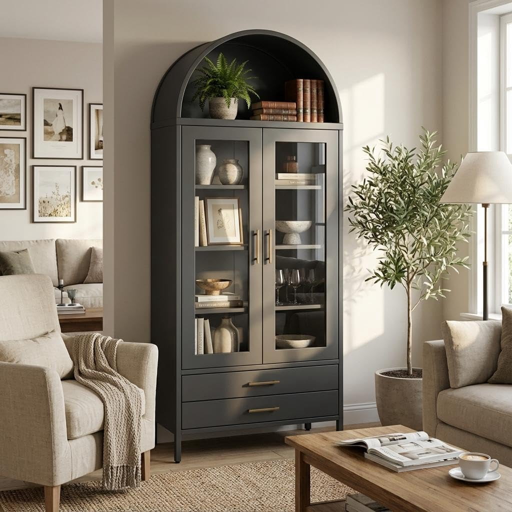 55" Tall Kitchen Pantry Cabinet, Arched Display with Glass Doors, 2 Drawers & Adjustable Shelves for Living, Dining Room, Black