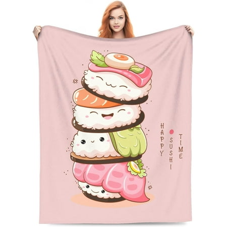 Cute Sushi Blanket Pink Japanese Food Kawaii Roll Smiling Faces Throw Blankets Gifts for Kids Adults Lightweight Soft Fleece Cozy for Sofa Couch Bed Room Birthday Decor