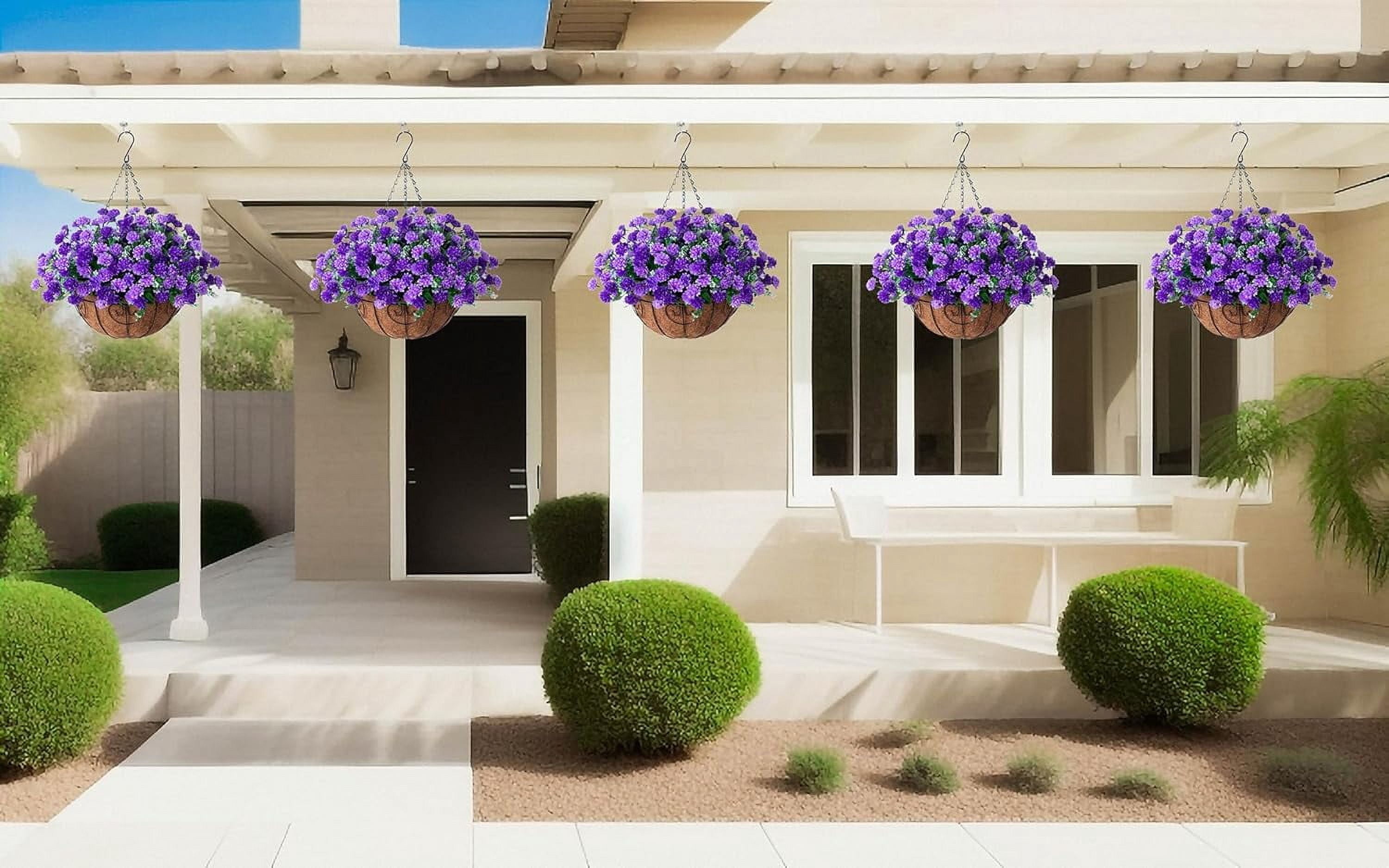 Artificial Faux Hanging Flowers Basket for Outdoors Outside Porch Decoration, Silk Fake Hanging Flowers Colorful Daisy with Coconut Lining Baskets for Courtyard Spring Summer Decor(Violet)