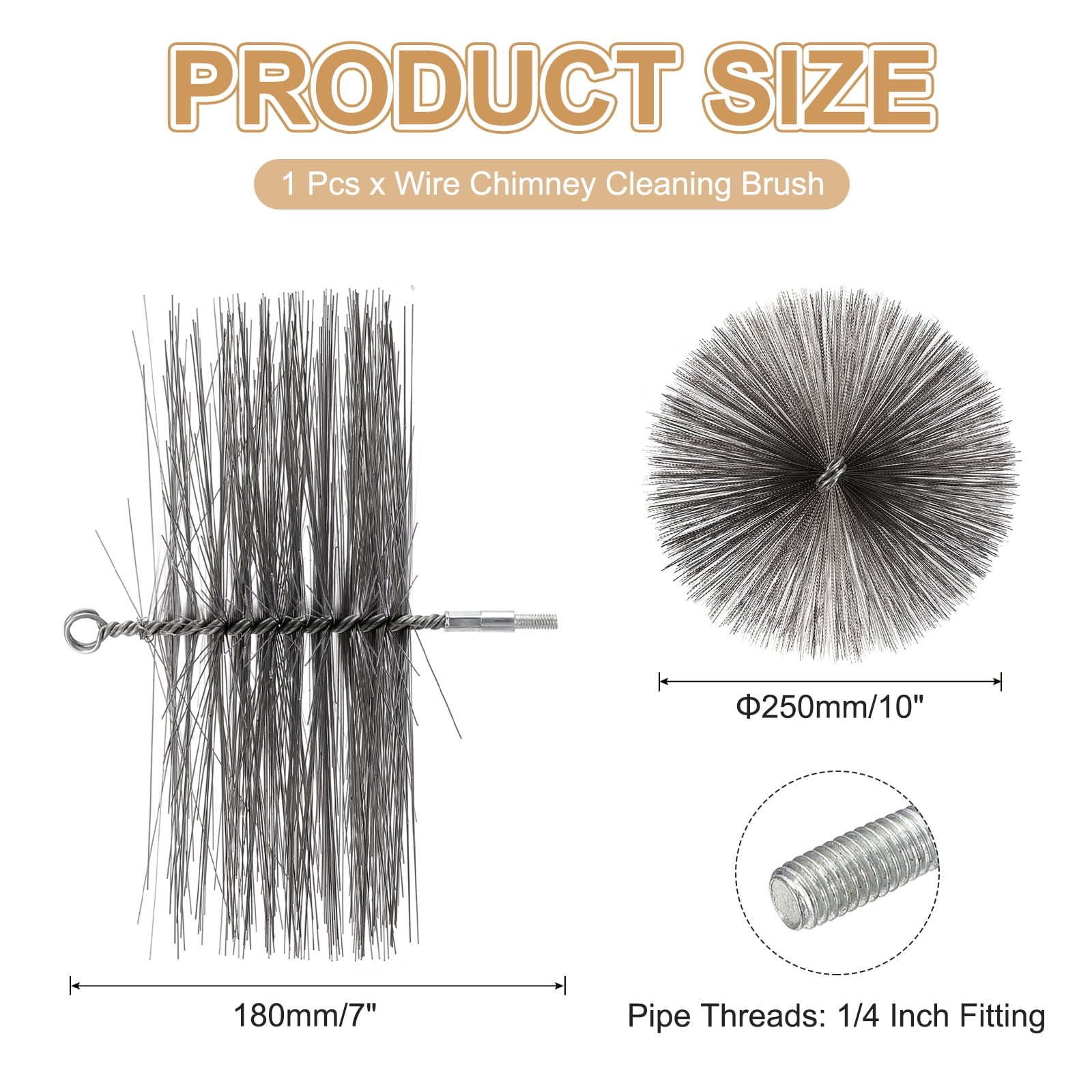 Uxcell 10" Wire Chimney Cleaning Brush, Steel Round Chimney Sweep Brush with 1/4 NPT Fitting for Cleaning Fireplace Burning Stove Tent Dryer Pipes, Silver