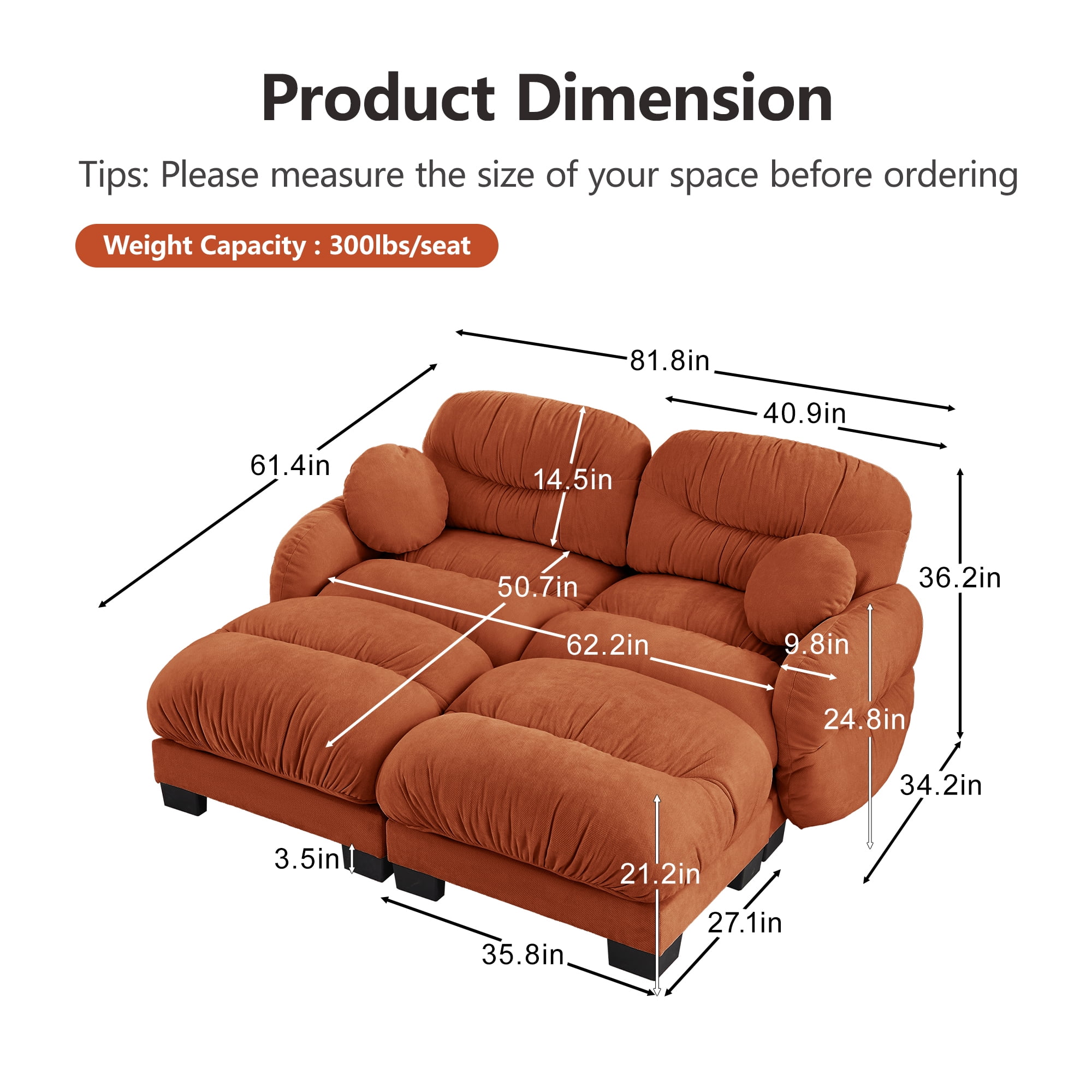 81" 2 Seater Sectional Couch Cozy Chenille Modular Sofa with 2 Ottoman and 2 Throw Pillows