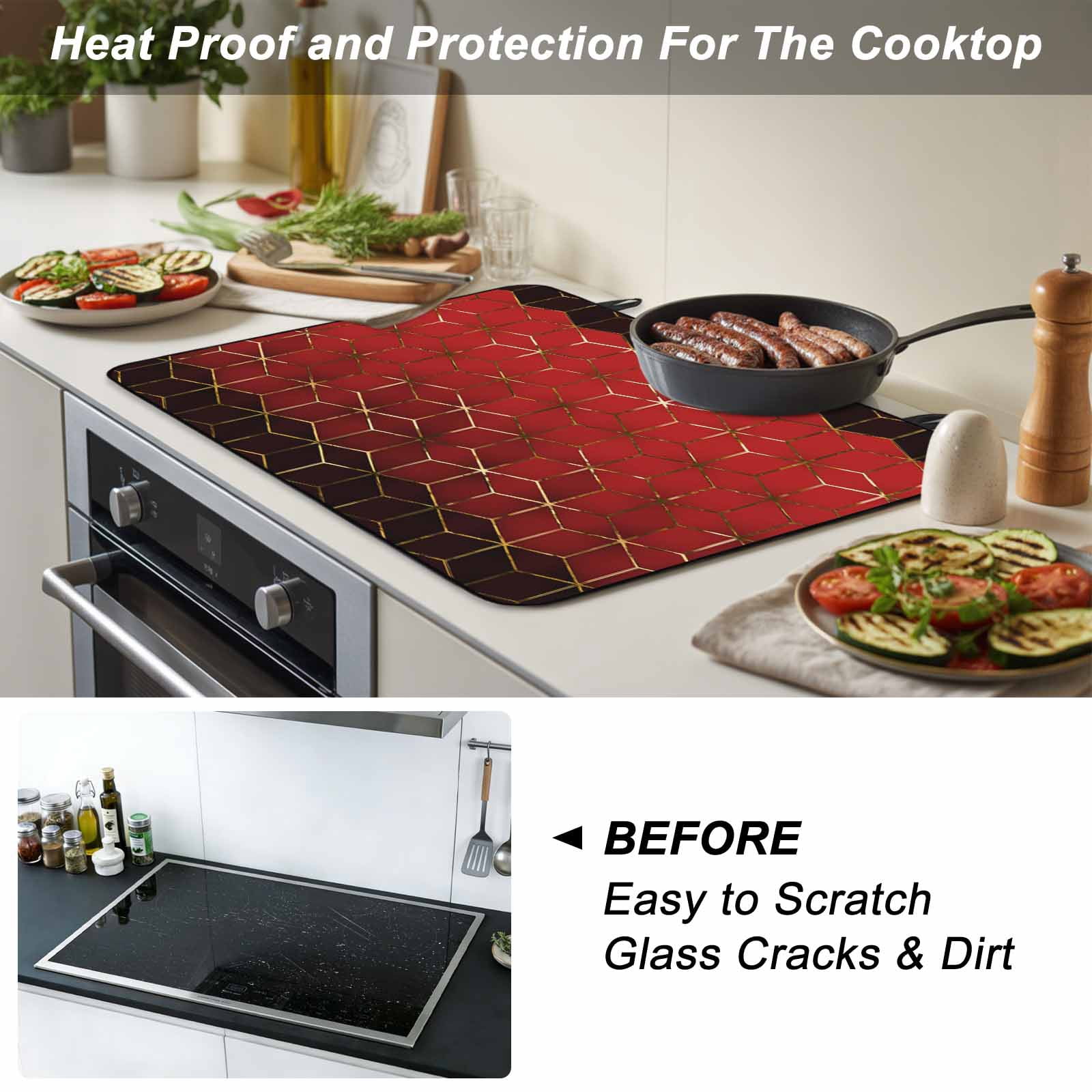 Ombre Red Geometric Stove Top Cover for Electric Stove, Heat-proof & Non Slip Glass Top Stove Cover Protector, Modern Abstract Art Kitchen Flat Cooktop Rubber Mat 24x21 Inches