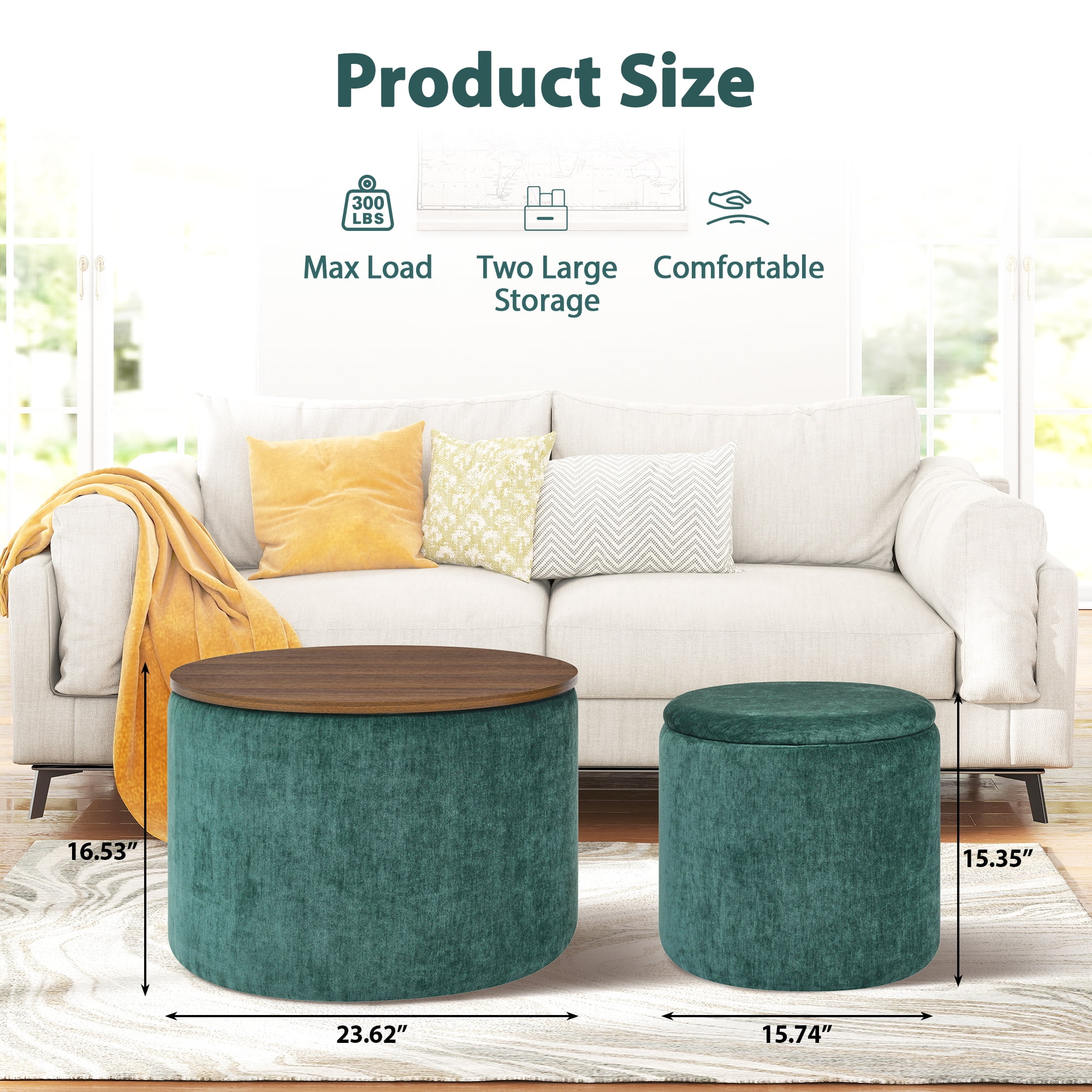 Aukfa 2-Piece Round Storage Ottoman Set,Chenille Coffee Table Footstool & Vanity Stool for Living Room/Bedroom/Entryway,Retro Green